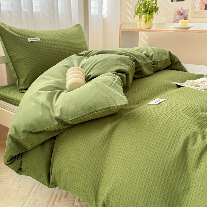 91家纺网 家纺一手货源 找家纺 眠博士 2025新款全棉纯棉华夫格学生床床垫套三件套四件套 华夫格床垫套 套件 松石绿