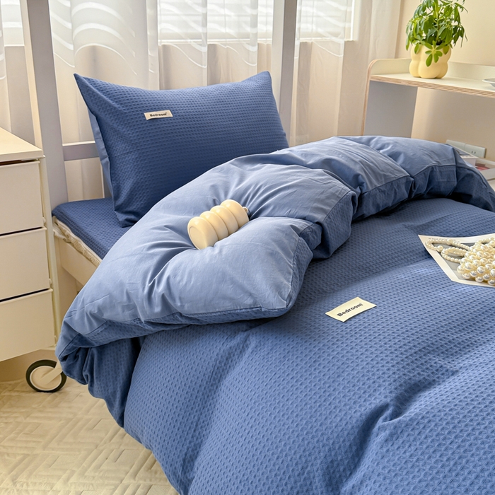 91家纺网 家纺一手货源 找家纺 眠博士 2025新款全棉纯棉华夫格学生床床垫套三件套四件套 华夫格床垫套 套件 天蓝