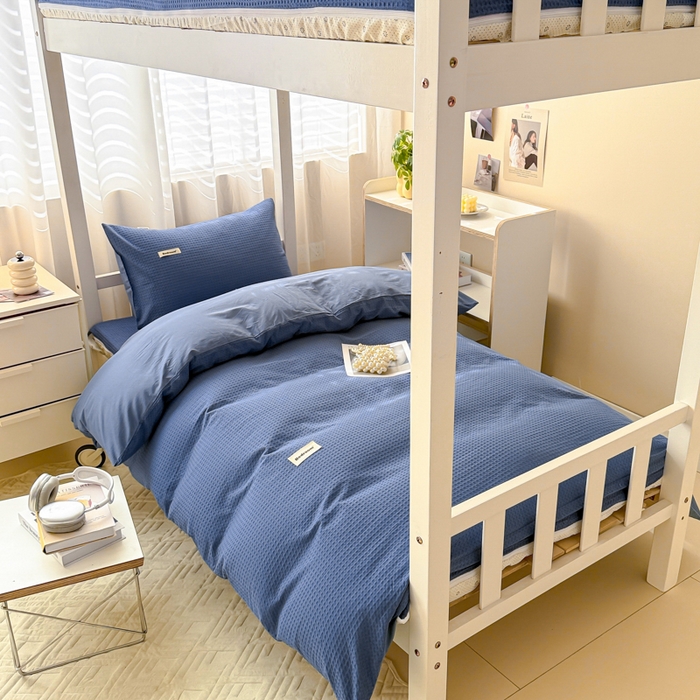 91家纺网 家纺一手货源 找家纺 眠博士 2025新款全棉纯棉华夫格学生床床垫套三件套四件套 华夫格床垫套 套件 天蓝