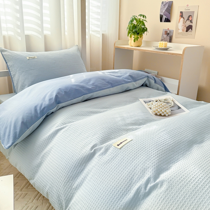 91家纺网 家纺一手货源 找家纺 眠博士 2025新款全棉纯棉华夫格学生床床垫套三件套四件套 华夫格床垫套 套件 雾蓝色