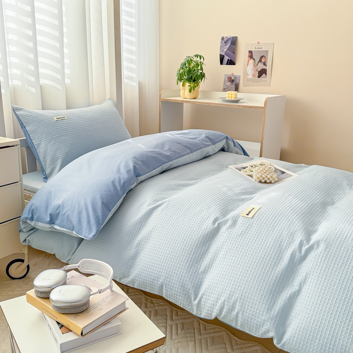 91家纺网 家纺一手货源 找家纺 眠博士 2025新款全棉纯棉华夫格学生床床垫套三件套四件套 华夫格床垫套 套件 雾蓝色