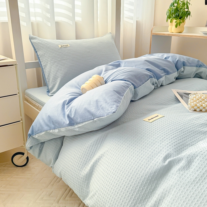 91家纺网 家纺一手货源 找家纺 眠博士 2025新款全棉纯棉华夫格学生床床垫套三件套四件套 华夫格床垫套 套件 雾蓝色