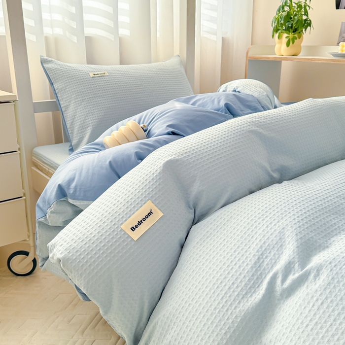 91家纺网 家纺一手货源 找家纺 眠博士 2025新款全棉纯棉华夫格学生床床垫套三件套四件套 华夫格床垫套 套件 雾蓝色
