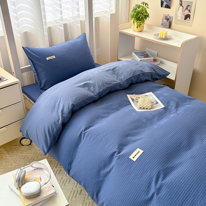91家纺网 家纺一手货源 找家纺 眠博士 2025新款全棉纯棉华夫格学生床床垫套三件套四件套 华夫格床垫套 套件 天蓝