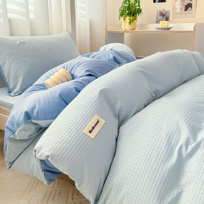 91家纺网 家纺一手货源 找家纺 眠博士 2025新款全棉纯棉华夫格学生床床垫套三件套四件套 华夫格床垫套 套件 雾蓝色