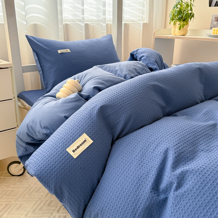 91家纺网 家纺一手货源 找家纺 眠博士 2025新款全棉纯棉华夫格学生床床垫套三件套四件套 华夫格床垫套 套件 天蓝