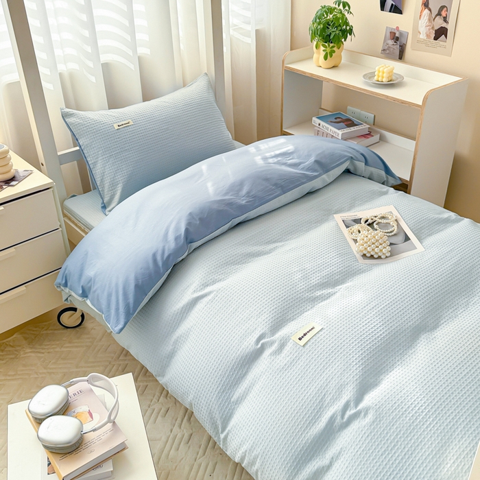 91家纺网 家纺一手货源 找家纺 眠博士 2025新款全棉纯棉华夫格学生床床垫套三件套四件套 华夫格床垫套 套件 雾蓝色