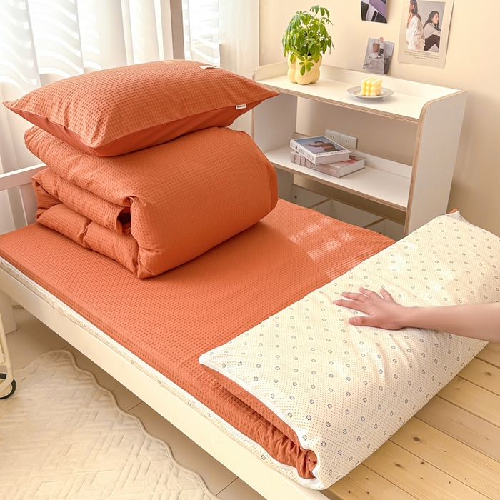 91家纺网 家纺一手货源 找家纺 眠博士 2025新款全棉纯棉华夫格学生床床垫套三件套四件套 华夫格床垫套 套件 焦糖