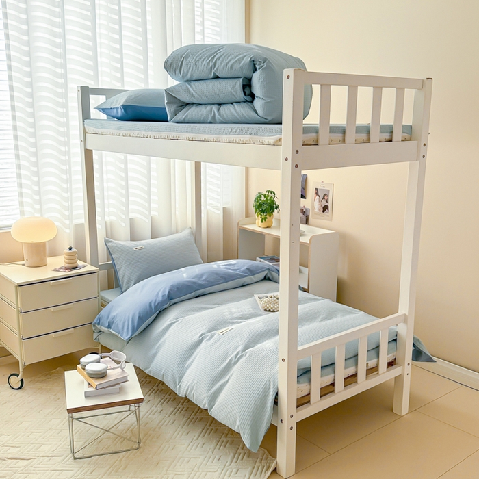 91家纺网 家纺一手货源 找家纺 眠博士 2025新款全棉纯棉华夫格学生床床垫套三件套四件套 华夫格床垫套 套件 雾蓝色