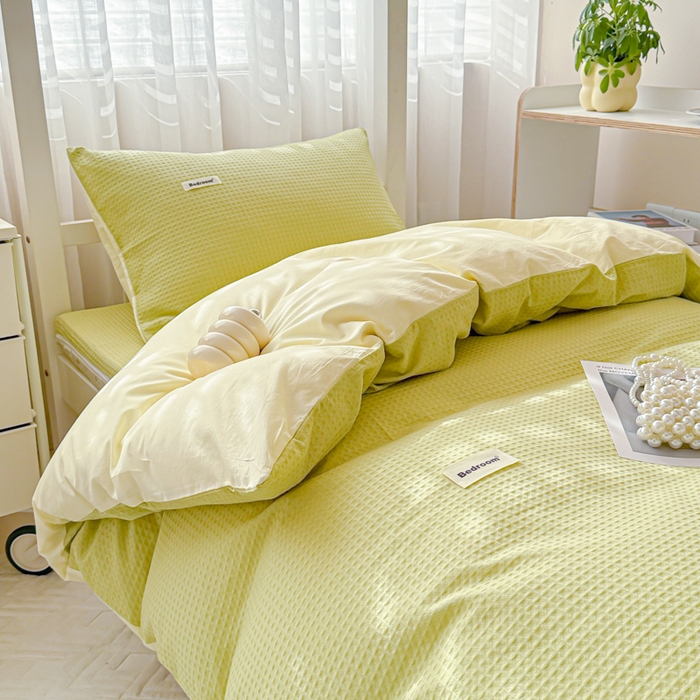 91家纺网 家纺一手货源 找家纺 眠博士 2025新款全棉纯棉华夫格学生床床垫套三件套四件套 华夫格床垫套 套件 果绿