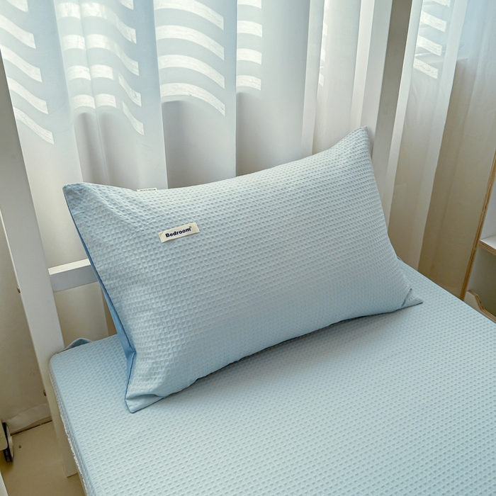 91家纺网 家纺一手货源 找家纺 眠博士 2025新款全棉纯棉华夫格学生床床垫套三件套四件套 华夫格床垫套 套件 雾蓝色