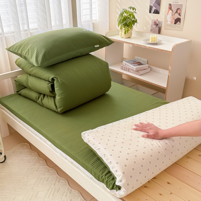 91家纺网 家纺一手货源 找家纺 眠博士 2025新款全棉纯棉华夫格学生床床垫套三件套四件套 华夫格床垫套 套件 松石绿