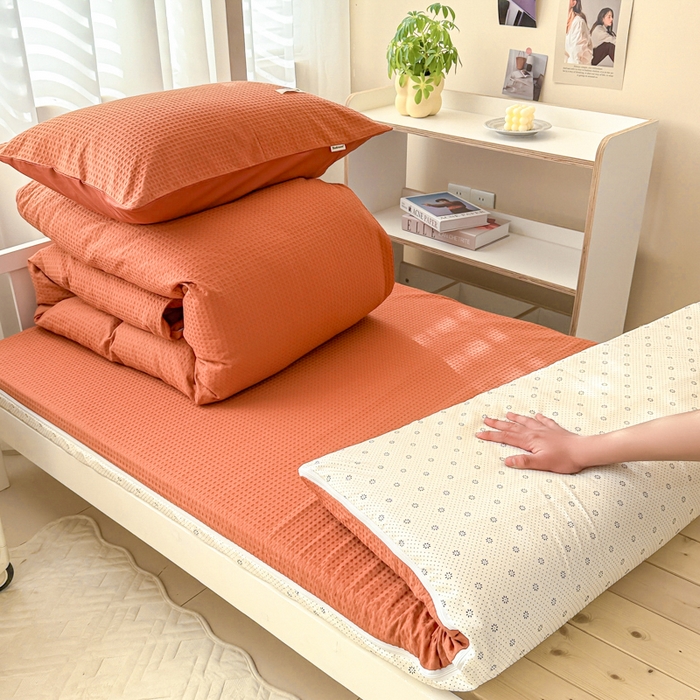 91家纺网 家纺一手货源 找家纺 眠博士 2025新款全棉纯棉华夫格学生床床垫套三件套四件套 华夫格床垫套 套件 焦糖