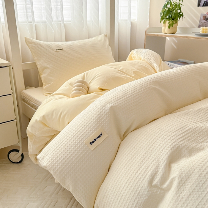 91家纺网 家纺一手货源 找家纺 眠博士 2025新款全棉纯棉华夫格学生床床垫套三件套四件套 华夫格床垫套 套件 珍珠白