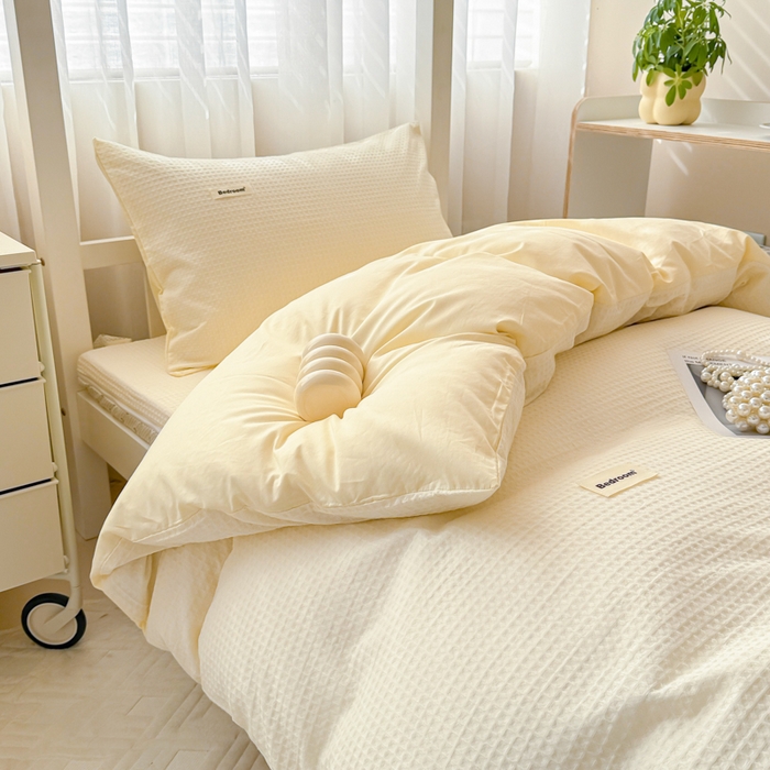 91家纺网 家纺一手货源 找家纺 眠博士 2025新款全棉纯棉华夫格学生床床垫套三件套四件套 华夫格床垫套 套件 珍珠白