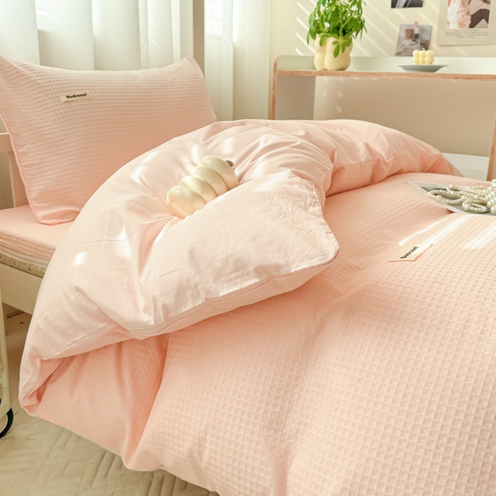 91家纺网 家纺一手货源 找家纺 眠博士 2025新款全棉纯棉华夫格学生床床垫套三件套四件套 华夫格床垫套 套件 嫩玉粉