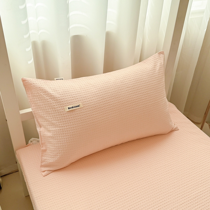 91家纺网 家纺一手货源 找家纺 眠博士 2025新款全棉纯棉华夫格学生床床垫套三件套四件套 华夫格床垫套 套件 嫩玉粉