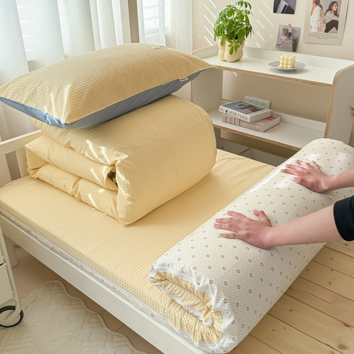 91家纺网 家纺一手货源 找家纺 眠博士 2025新款全棉纯棉华夫格学生床床垫套三件套四件套 华夫格床垫套 套件 奶黄色