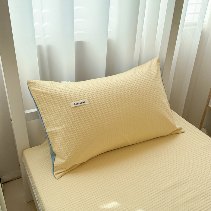 91家纺网 家纺一手货源 找家纺 眠博士 2025新款全棉纯棉华夫格学生床床垫套三件套四件套 华夫格床垫套 套件 奶黄色