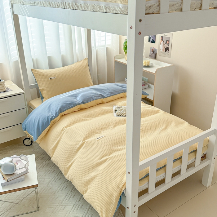 91家纺网 家纺一手货源 找家纺 眠博士 2025新款全棉纯棉华夫格学生床床垫套三件套四件套 华夫格床垫套 套件 奶黄色