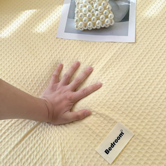 91家纺网 家纺一手货源 找家纺 眠博士 2025新款全棉纯棉华夫格学生床床垫套三件套四件套 华夫格床垫套 套件 奶黄色