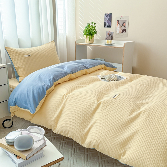 91家纺网 家纺一手货源 找家纺 眠博士 2025新款全棉纯棉华夫格学生床床垫套三件套四件套 华夫格床垫套 套件 奶黄色