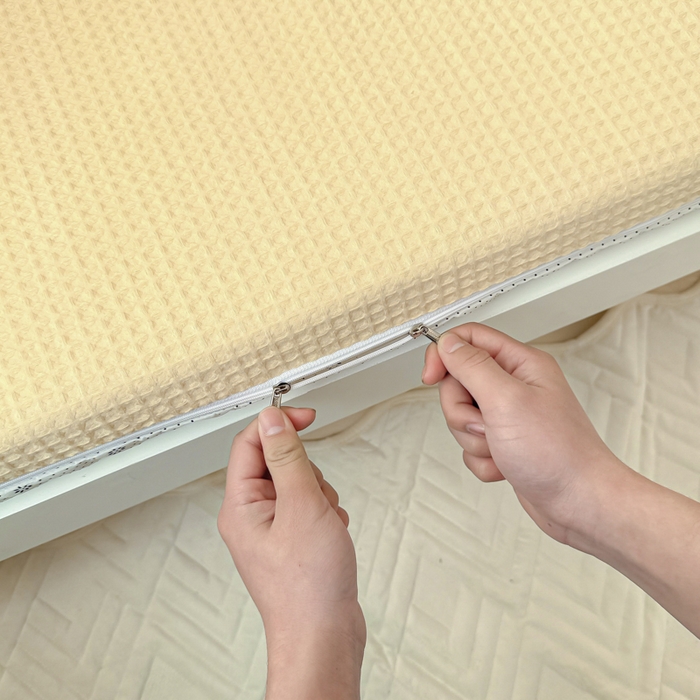 91家纺网 家纺一手货源 找家纺 眠博士 2025新款全棉纯棉华夫格学生床床垫套三件套四件套 华夫格床垫套 套件 奶黄色