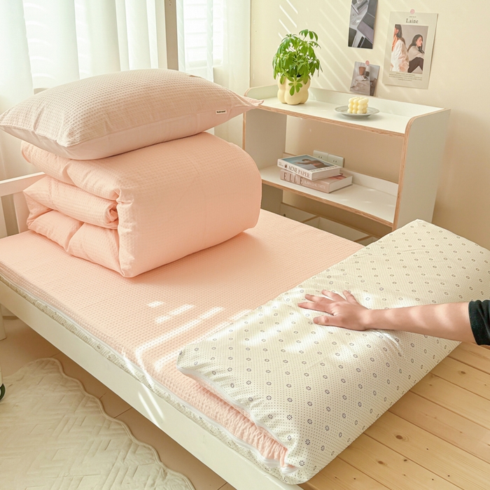 91家纺网 家纺一手货源 找家纺 眠博士 2025新款全棉纯棉华夫格学生床床垫套三件套四件套 华夫格床垫套 套件 嫩玉粉