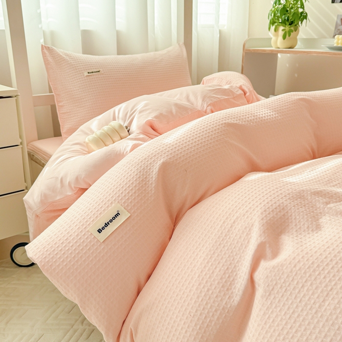 91家纺网 家纺一手货源 找家纺 眠博士 2025新款全棉纯棉华夫格学生床床垫套三件套四件套 华夫格床垫套 套件 嫩玉粉