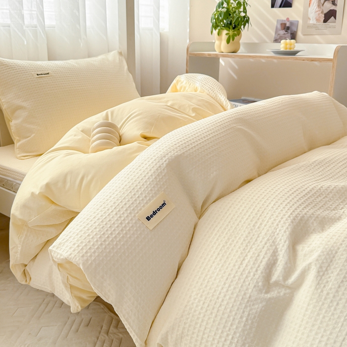 91家纺网 家纺一手货源 找家纺 眠博士 2025新款全棉纯棉华夫格学生床床垫套三件套四件套 华夫格床垫套 套件 珍珠白