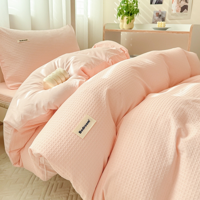 91家纺网 家纺一手货源 找家纺 眠博士 2025新款全棉纯棉华夫格学生床床垫套三件套四件套 华夫格床垫套 套件 嫩玉粉