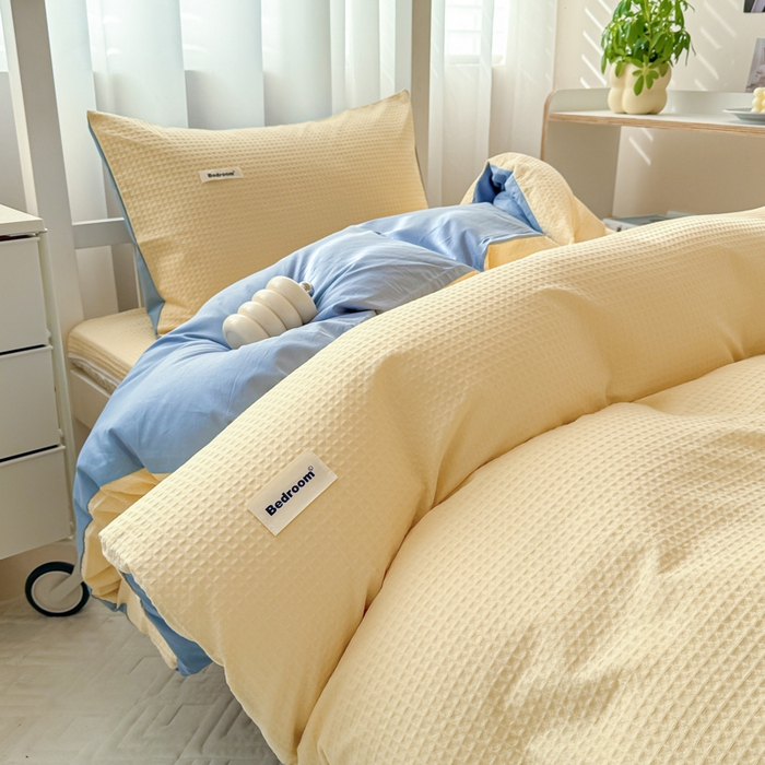 91家纺网 家纺一手货源 找家纺 眠博士 2025新款全棉纯棉华夫格学生床床垫套三件套四件套 华夫格床垫套 套件 奶黄色