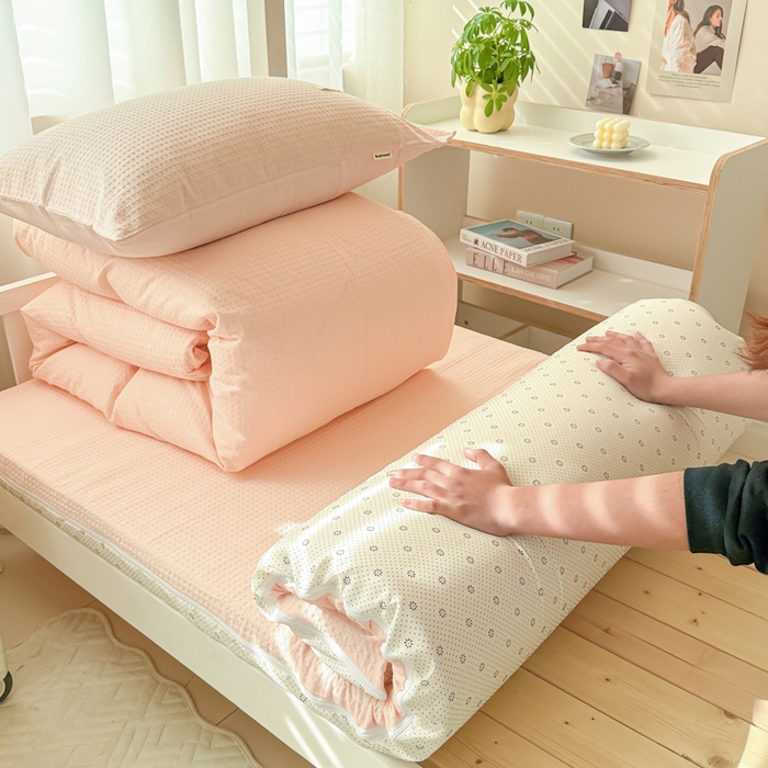 91家纺网 家纺一手货源 找家纺 眠博士 2025新款全棉纯棉华夫格学生床床垫套三件套四件套 华夫格床垫套 套件 嫩玉粉