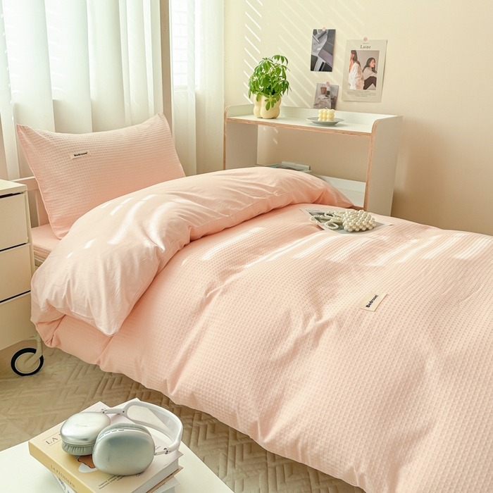 91家纺网 家纺一手货源 找家纺 眠博士 2025新款全棉纯棉华夫格学生床床垫套三件套四件套 华夫格床垫套 套件 嫩玉粉