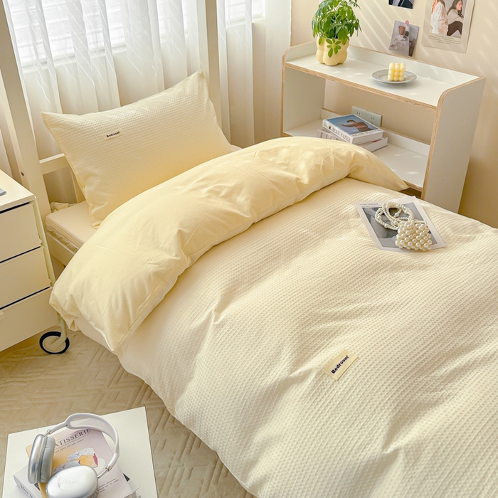 91家纺网 家纺一手货源 找家纺 眠博士 2025新款全棉纯棉华夫格学生床床垫套三件套四件套 华夫格床垫套 套件 珍珠白