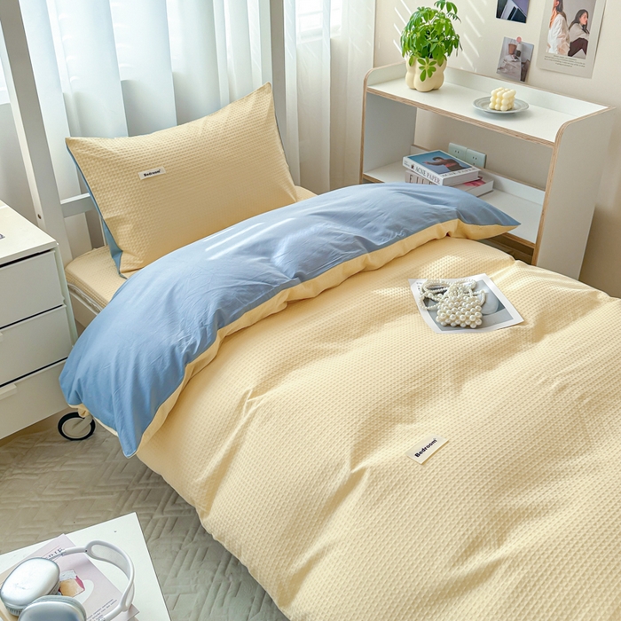 91家纺网 家纺一手货源 找家纺 眠博士 2025新款全棉纯棉华夫格学生床床垫套三件套四件套 华夫格床垫套 套件 奶黄色