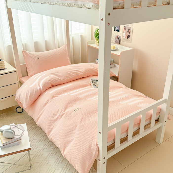 91家纺网 家纺一手货源 找家纺 眠博士 2025新款全棉纯棉华夫格学生床床垫套三件套四件套 华夫格床垫套 套件 嫩玉粉