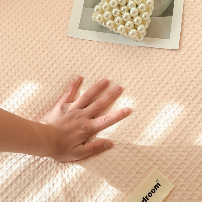 91家纺网 家纺一手货源 找家纺 眠博士 2025新款全棉纯棉华夫格学生床床垫套三件套四件套 华夫格床垫套 套件 嫩玉粉