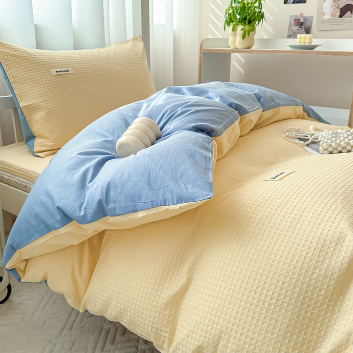 91家纺网 家纺一手货源 找家纺 眠博士 2025新款全棉纯棉华夫格学生床床垫套三件套四件套 华夫格床垫套 套件 奶黄色