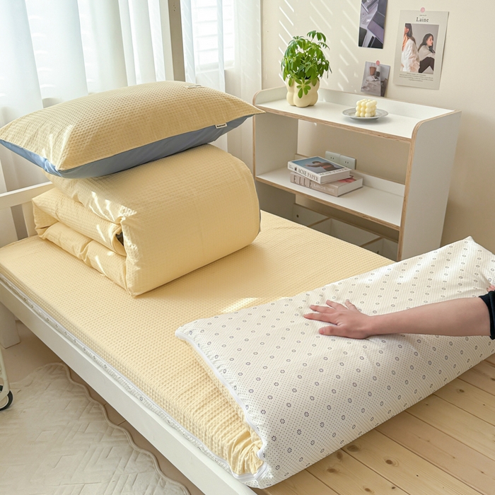 91家纺网 家纺一手货源 找家纺 眠博士 2025新款全棉纯棉华夫格学生床床垫套三件套四件套 华夫格床垫套 套件 奶黄色