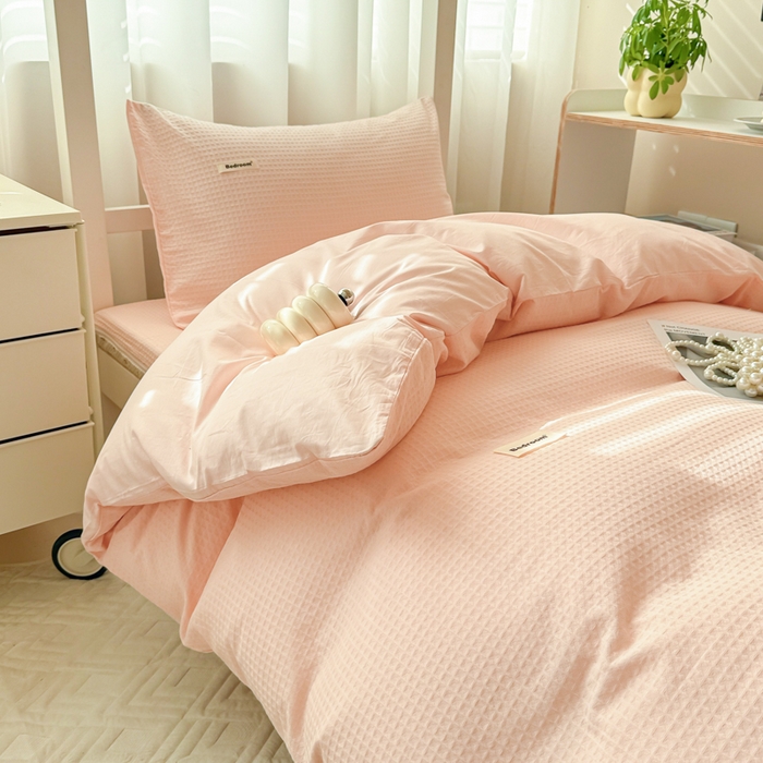 91家纺网 家纺一手货源 找家纺 眠博士 2025新款全棉纯棉华夫格学生床床垫套三件套四件套 华夫格床垫套 套件 嫩玉粉