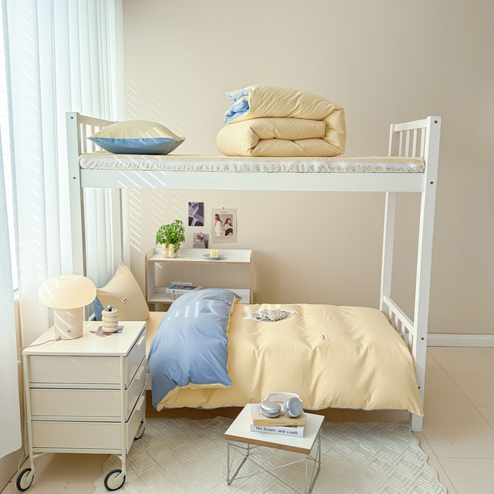 91家纺网 家纺一手货源 找家纺 眠博士 2025新款全棉纯棉华夫格学生床床垫套三件套四件套 华夫格床垫套 套件 奶黄色