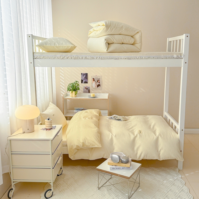 91家纺网 家纺一手货源 找家纺 眠博士 2025新款全棉纯棉华夫格学生床床垫套三件套四件套 华夫格床垫套 套件 珍珠白