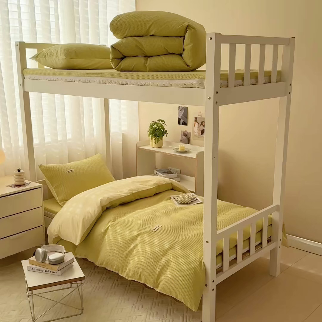 91家纺网 家纺一手货源 找家纺 眠博士 2025新款全棉纯棉华夫格学生床床垫套三件套四件套 华夫格床垫套 套件 果绿