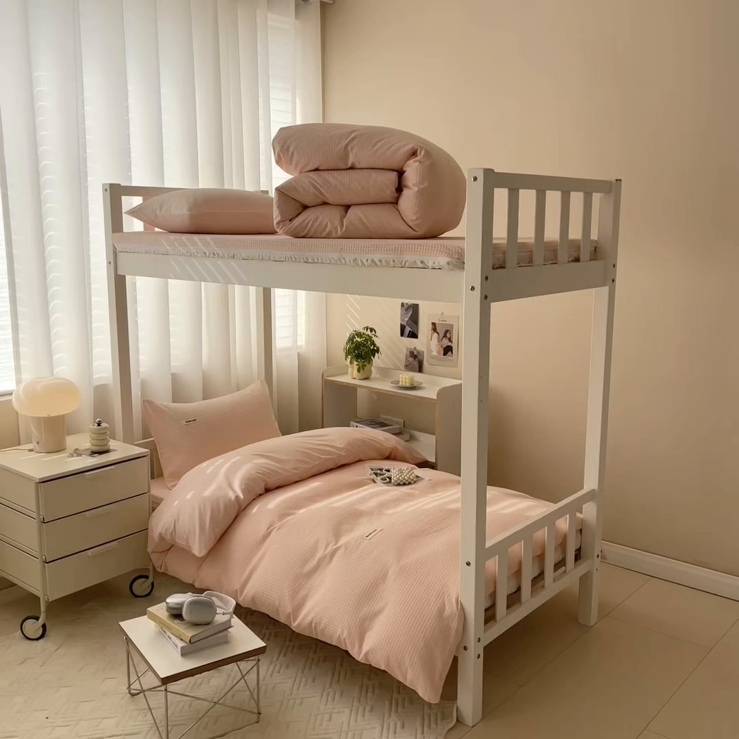 91家纺网 家纺一手货源 找家纺 眠博士 2025新款全棉纯棉华夫格学生床床垫套三件套四件套 华夫格床垫套 套件 嫩玉粉