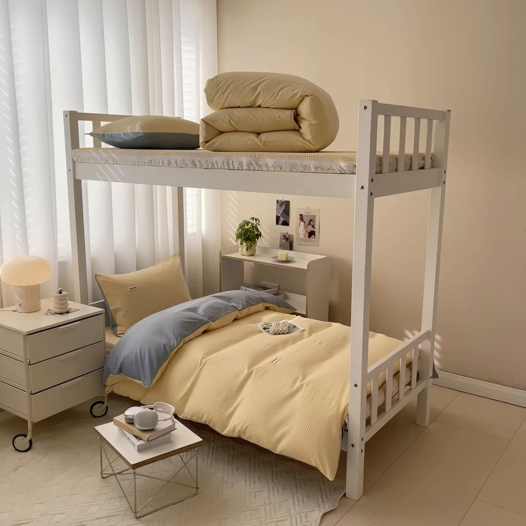 91家纺网 家纺一手货源 找家纺 眠博士 2025新款全棉纯棉华夫格学生床床垫套三件套四件套 华夫格床垫套 套件 奶黄色