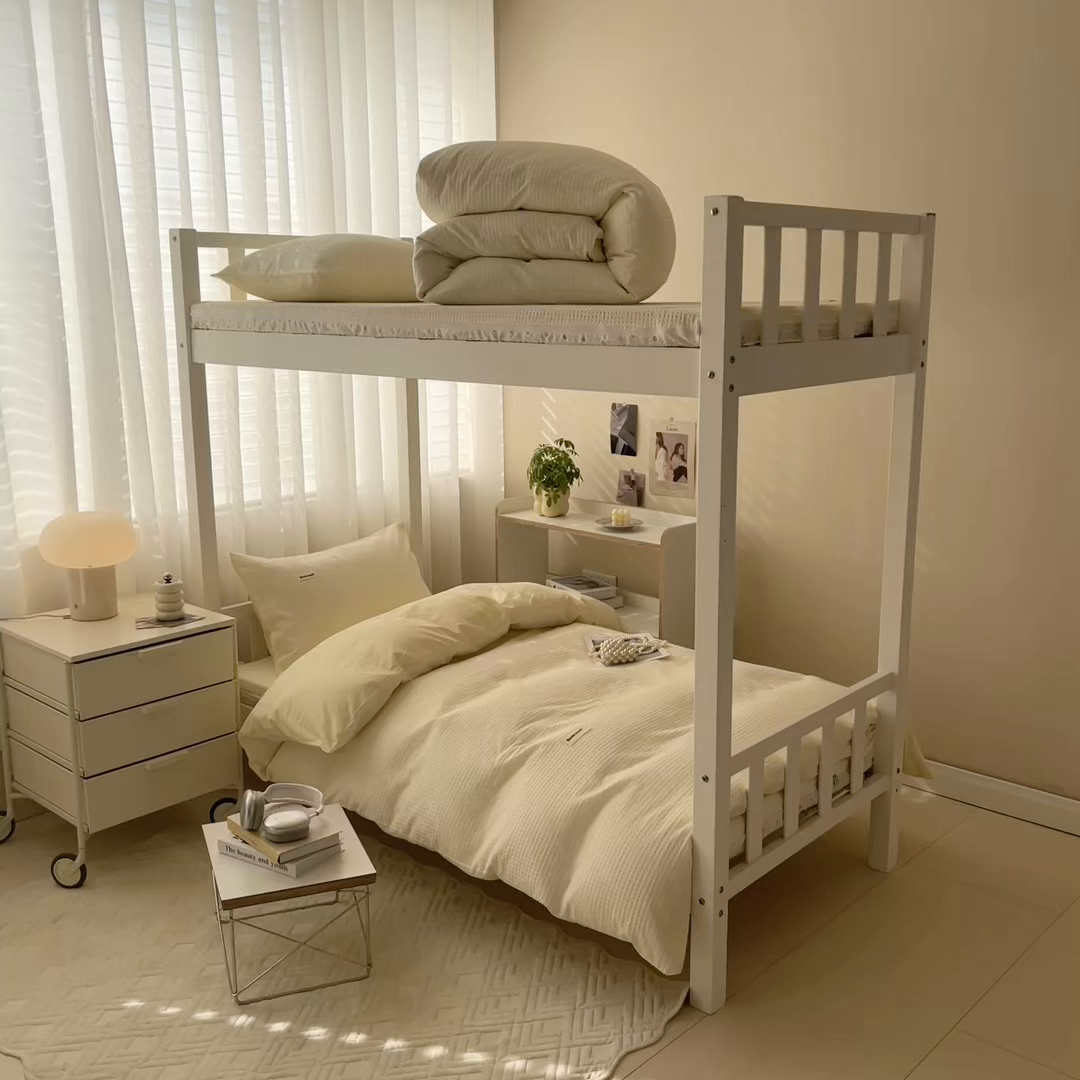 91家纺网 家纺一手货源 找家纺 眠博士 2025新款全棉纯棉华夫格学生床床垫套三件套四件套 华夫格床垫套 套件 珍珠白