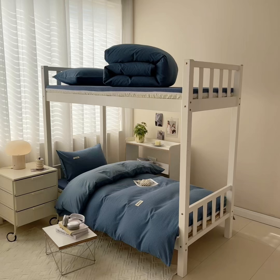 91家纺网 家纺一手货源 找家纺 眠博士 2025新款全棉纯棉华夫格学生床床垫套三件套四件套 华夫格床垫套 套件 天蓝