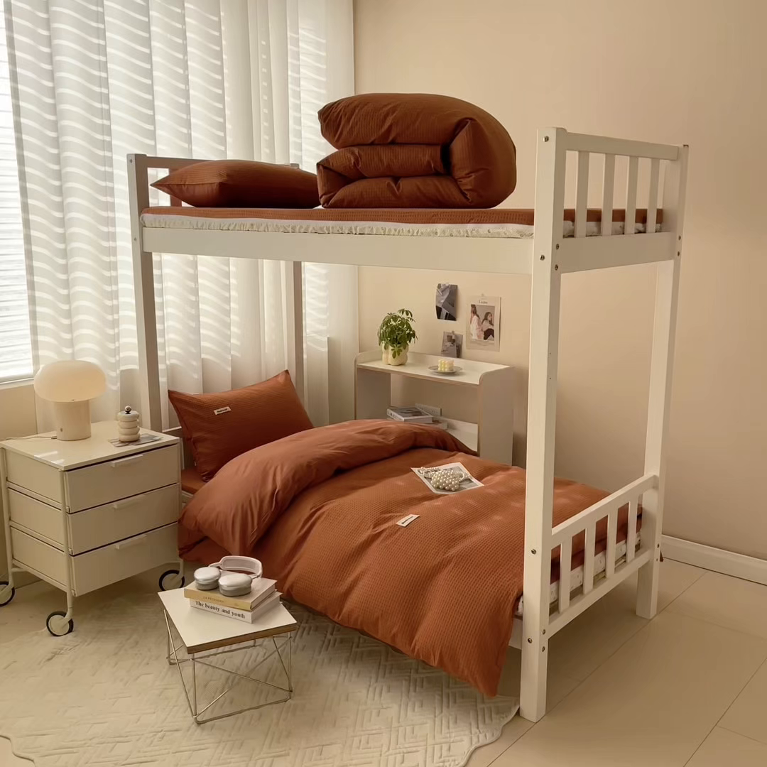 91家纺网 家纺一手货源 找家纺 眠博士 2025新款全棉纯棉华夫格学生床床垫套三件套四件套 华夫格床垫套 套件 焦糖