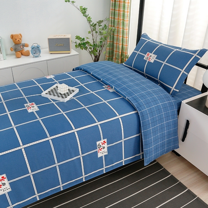 91家纺网 家纺一手货源 找家纺 乐旗家纺 2025新款A类AB版全棉环保印花学生上下铺宿舍三件套六件套 金榜题名-蓝